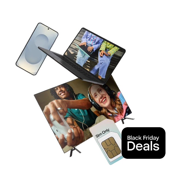 Smartphone, laptop, simkaart en twee foto’s van mensen die lachen en gamen op een zwarte achtergrond met de tekst ‘Black Friday Deals