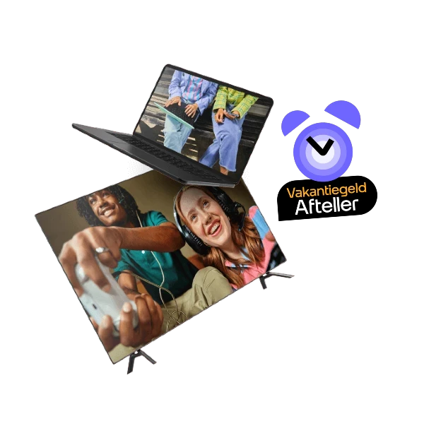 Open laptop met afbeeldingen van diverse mensen die gamen, naast een paars wekkerpictogram met het label "Vakantiegeld Afteller".