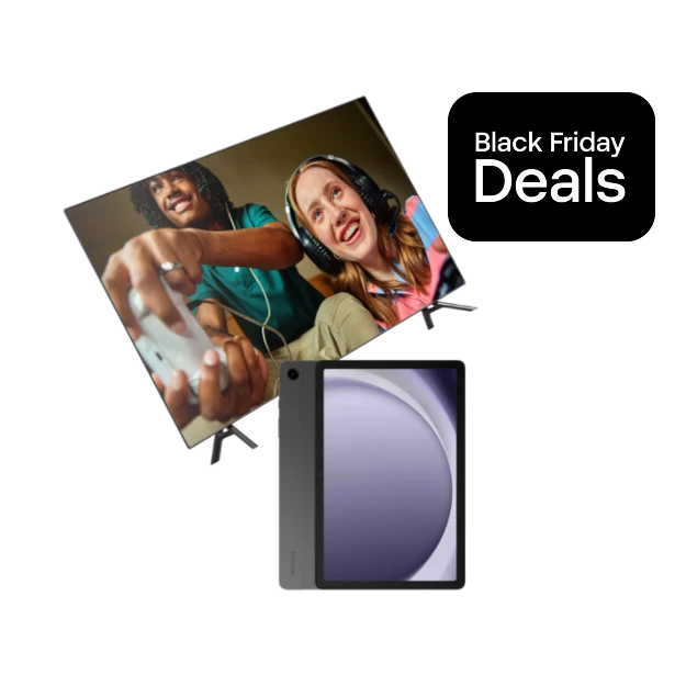 Twee mensen die vrolijk gamen op een console boven een tablet, met de tekst “Black Friday Deals” rechts.