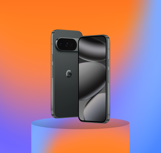 Twee zwarte smartphones met een ‘G’-logo; één toont het scherm, de andere de dubbele camera. De achtergrond heeft een oranje-blauw kleurverloop.