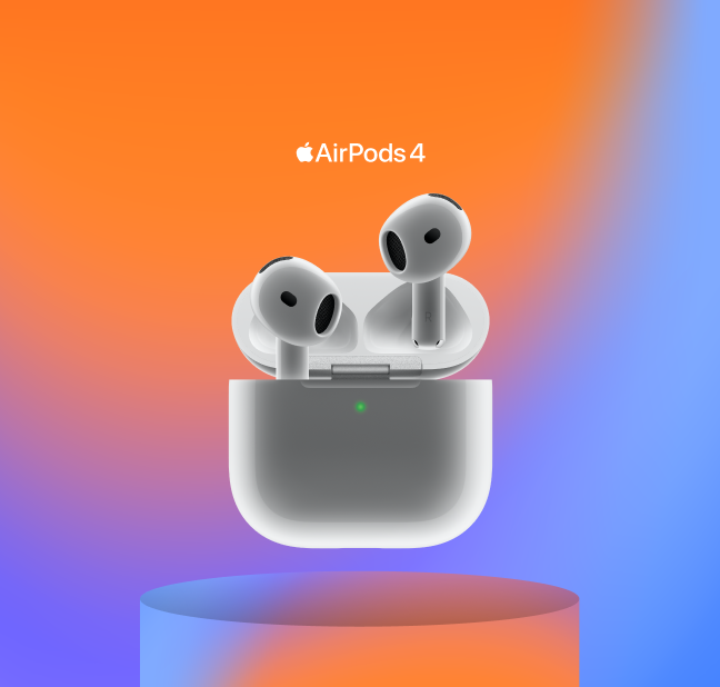 Apple Airpods tegen een oranje-blauwe kleurverloopachtergrond, geplaatst op een cilindervormig voetstuk.