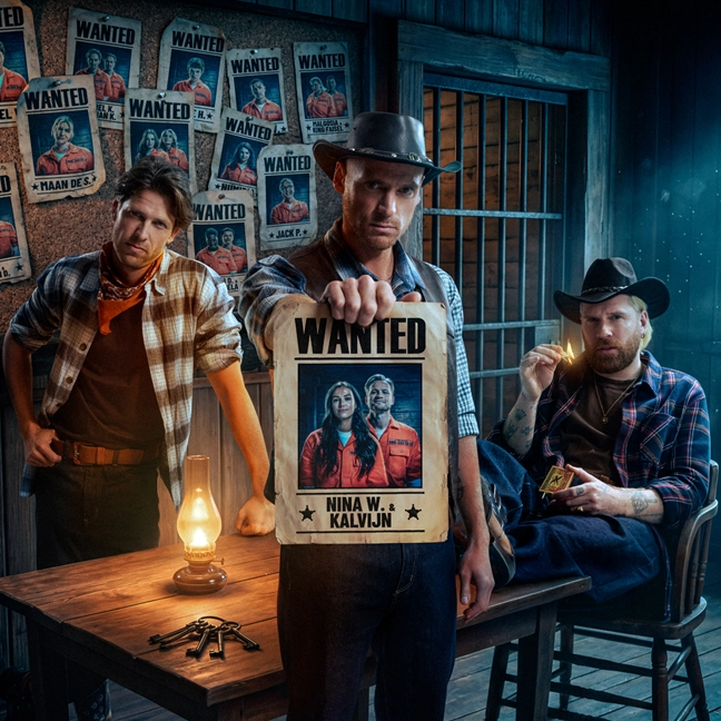 Drie mannen in cowboykleding in een schemerig verlichte kamer, waarvan er één een ‘Wanted’-poster vasthoudt. De muur hangt vol posters en er staat een lantaarn op tafel.