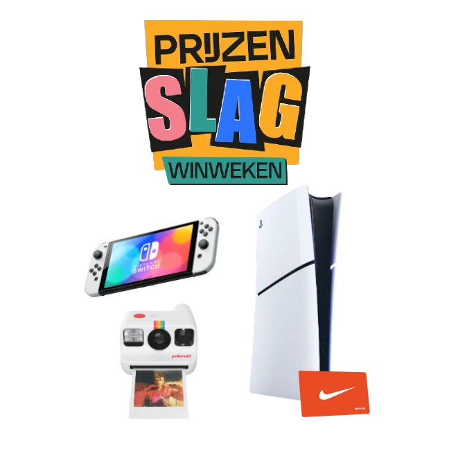 Prijzenslag Winweken logo met switch 1, playstation 5, polaroid camera en nikekadobon Prijzenslag Winweken logo met switch 1, playstation 5, polaroid camera en nikekadobon