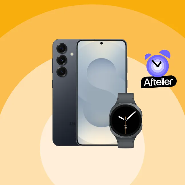 samsung galaxy s25 in het zwart met galaxy watch8 en afteller klokje