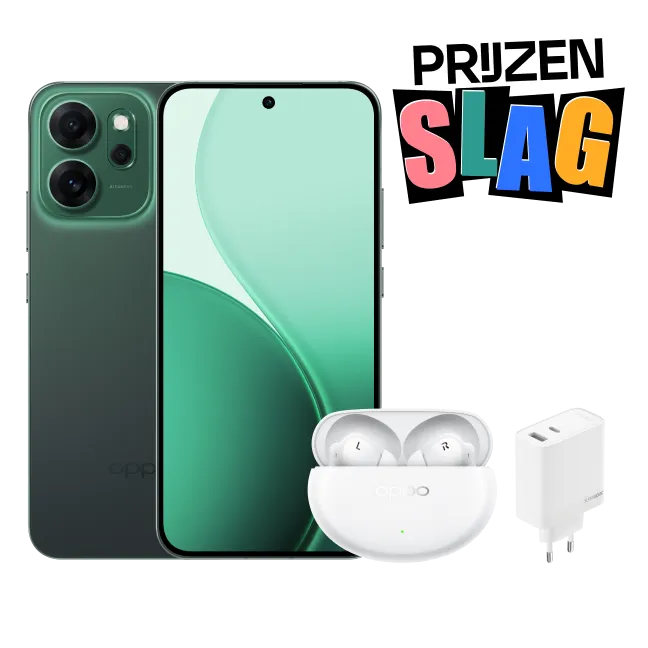 groene oppo reno14 met oordopjes en oplader + prijzenslag gifje
