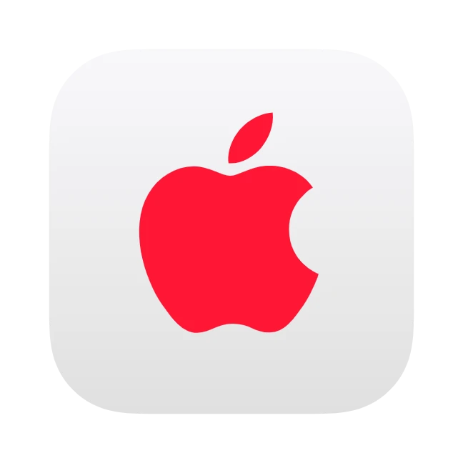 Red apple logo with a bite taken out, on a rounded square with a gradient background.