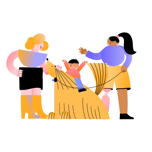 Illustratie - gezin speelt met hond.