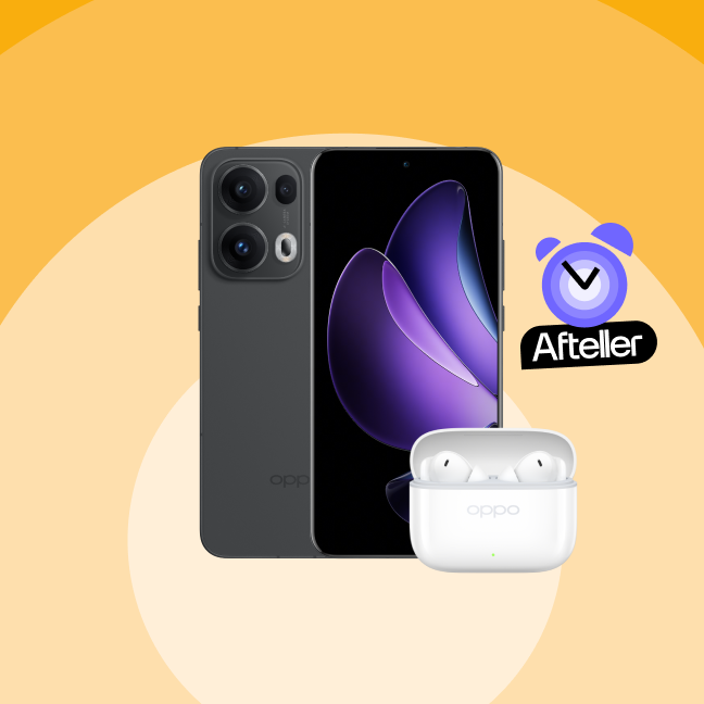 oppo reno13 pro in het grijs met witte enco buds3 pro met afteller