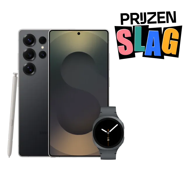 zwarte samsung galaxy s25 met galaxy watch8 + prijzenslag gifje