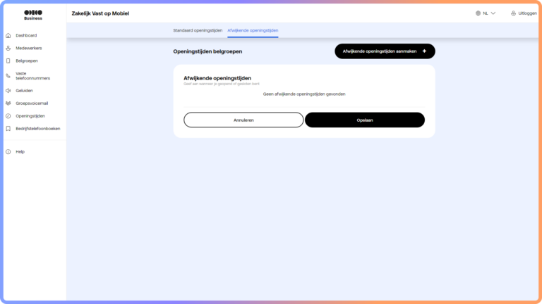 Afwijkende openingstijden instellen belgroepen zakelijk vast op mobiel
