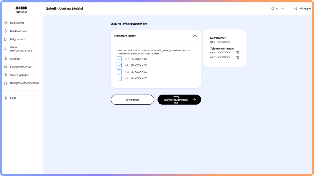 Overzicht van beschikbare landelijke vaste telefoonnummers in het Zakelijk Vast op Mobiel portaal