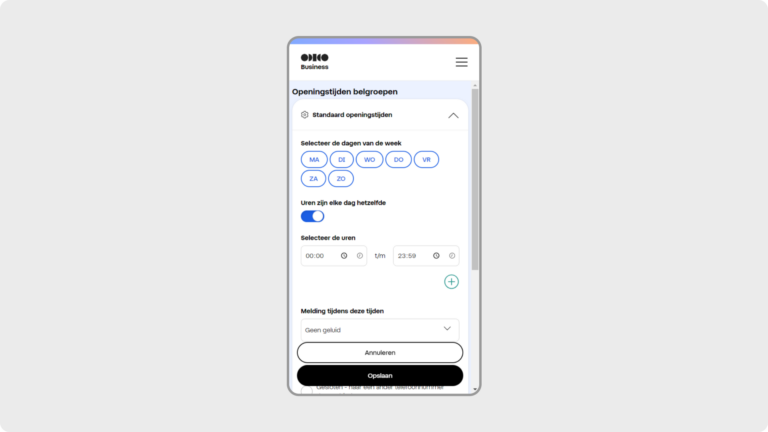 Selecteren van de openingstijden in de app zakelijk vast op mobiel