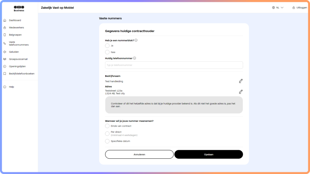 Voorbeeld van het formulier dat je moet invullen om een bestaand vast telefoonnummer te verhuizen naar Odido in het Zakelijk Vast op Mobiel portaal