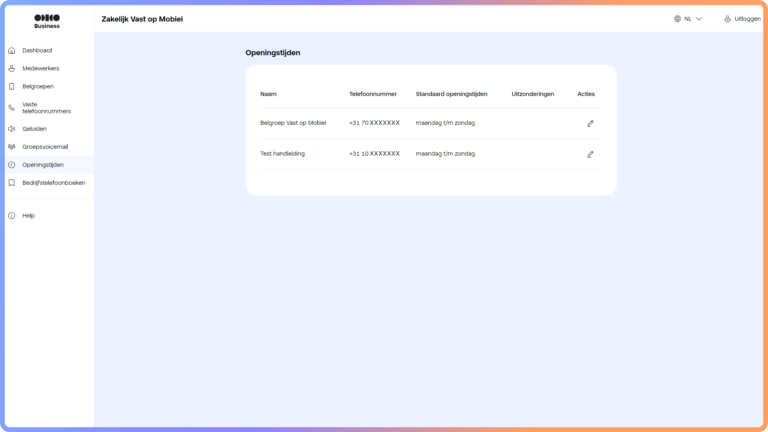 Overzicht openingstijden belgroepen zakelijk vast op mobiel
