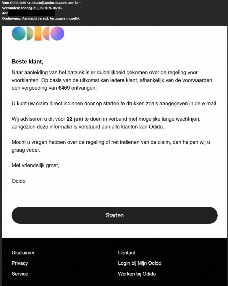Nep e-mail waar mensen een vergoeding wordt beloofd
