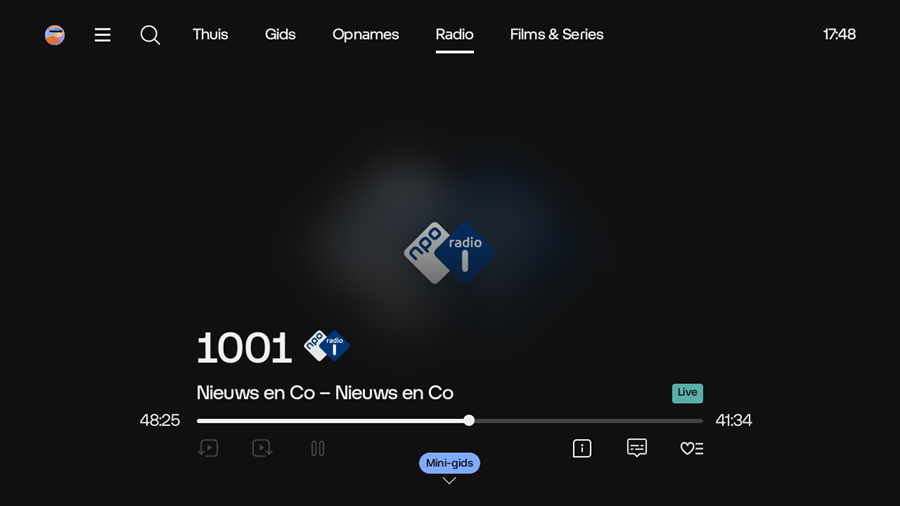 Schermafbeelding van de nieuwe mini-gids en favorieten opties voor Odido TV