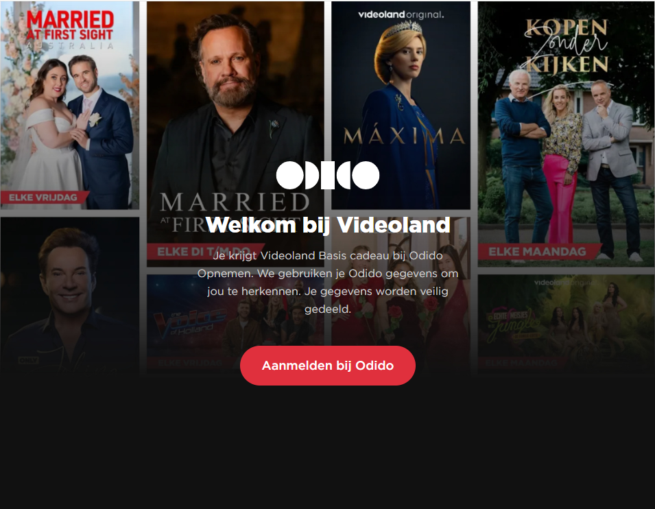 Printscreen van het Videoland welkomsscherm voor een Videoland Basis abonnement bij het Odido Opnemen pakket.
