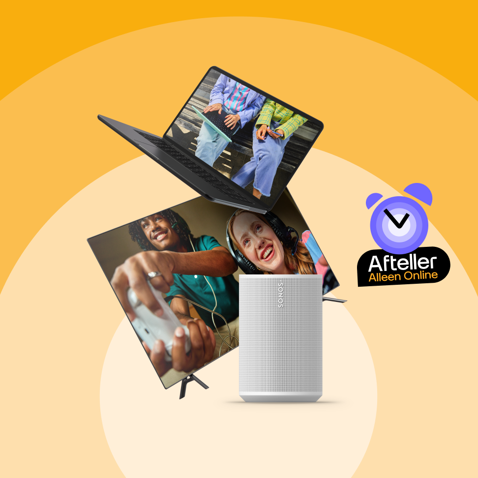 Afbeelding van een laptop en een tv samen met een Sonos speaker en het logo van de afteller campagne van Odido. Afbeelding van een laptop en een tv samen met een Sonos speaker en het logo van de afteller campagne van Odido.